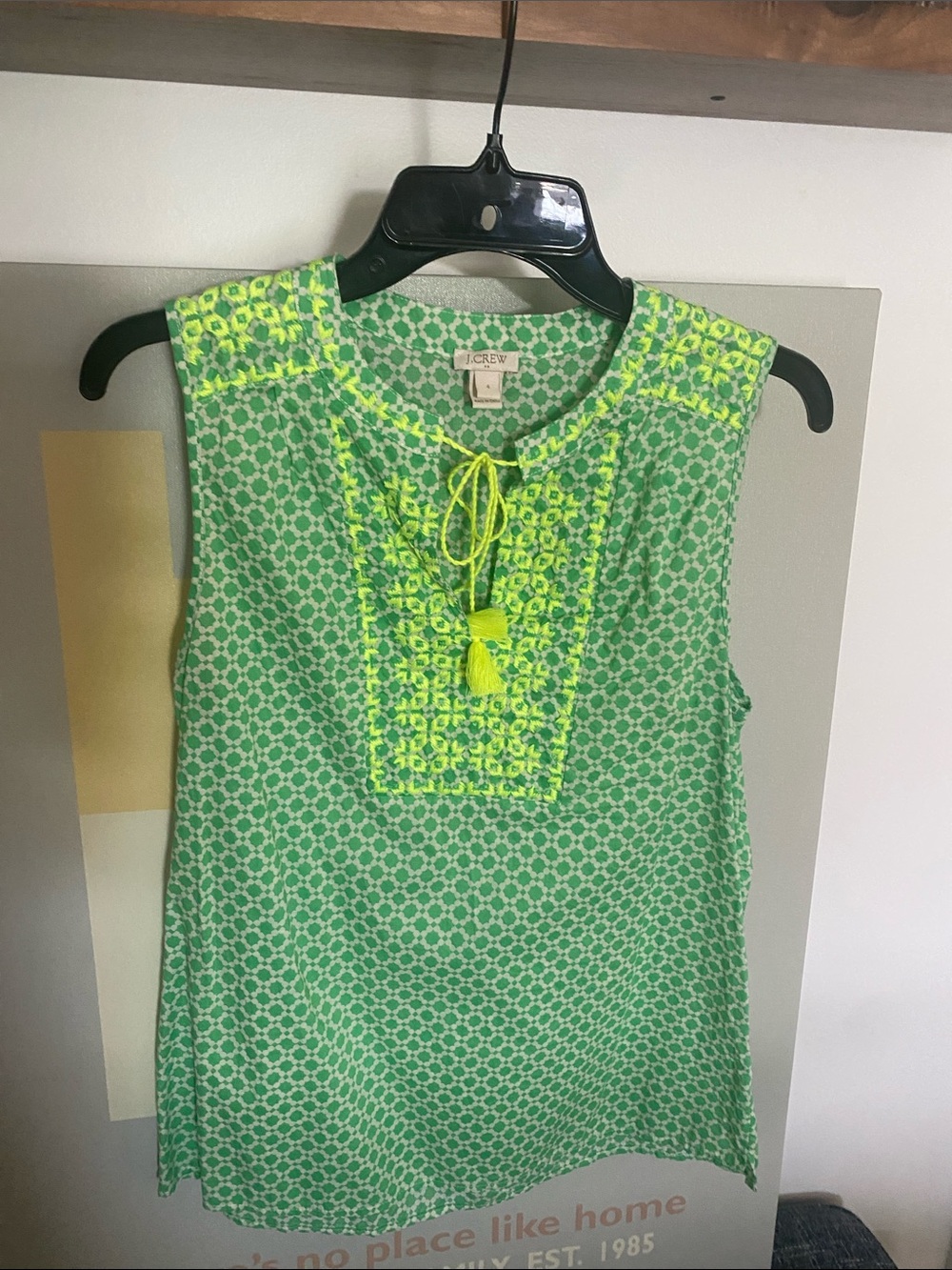 J. Crew Green & Neon Green Sleeveless Embroidered Tassel Camisole
